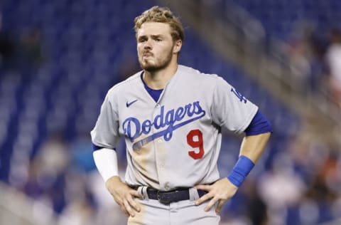 MIAMI, FLORIDA - JULY 06: Gavin Lux #9 of the Los Angeles Dodgers reacts against the Miami Marlins at loanDepot park on July 06, 2021 in Miami, Florida. (Photo by Michael Reaves/Getty Images)