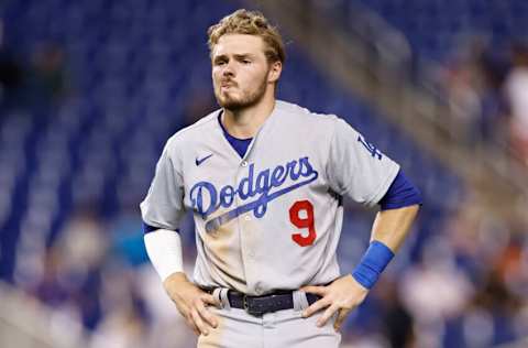 MIAMI, FLORIDA - JULY 06: Gavin Lux #9 of the Los Angeles Dodgers reacts against the Miami Marlins at loanDepot park on July 06, 2021 in Miami, Florida. (Photo by Michael Reaves/Getty Images)