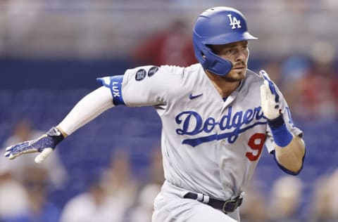 MIAMI, FLORIDA - JULY 06: Gavin Lux #9 of the Los Angeles Dodgers in action against the Miami Marlins at loanDepot park on July 06, 2021 in Miami, Florida. (Photo by Michael Reaves/Getty Images)