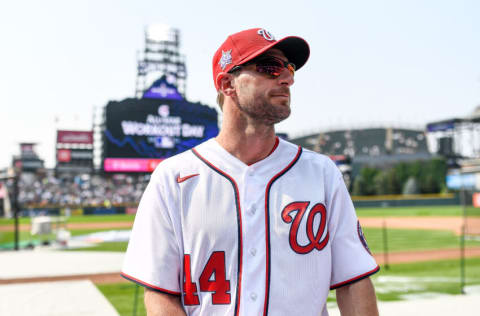 DENVER, CO - JULY 12: Max Scherzer #31 of the Washington Nationals looks on during Gatorade All Star Workout Day at Coors Field on July 12, 2021 in Denver, Colorado.(Photo by Dustin Bradford/Getty Images)