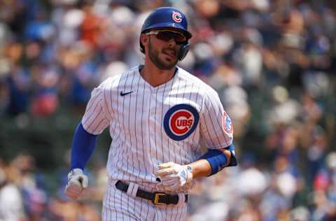 CHICAGO, ILLINOIS - JULY 25: Kris Bryant #17 of the Chicago Cubs hits a two-run home run against the Arizona Diamondbacks at Wrigley Field on July 25, 2021 in Chicago, Illinois. (Photo by Quinn Harris/Getty Images)