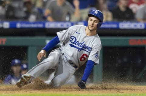 PHILADELPHIA, PA - AUGUST 10: Trea Turner #6 of the Los Angeles Dodgers slides home safely in the top of the sixth inning against the Philadelphia Phillies at Citizens Bank Park on August 10, 2021 in Philadelphia, Pennsylvania. (Photo by Mitchell Leff/Getty Images)