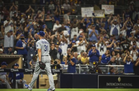 SAN DIEGO, CA - AUGUST 26: Max Scherzer #31 of the Los Angeles Dodgers walks off the field in the seventh inning agains the San Diego Padres on August 26, 2021 at Petco Park in San Diego, California. (Photo by Matt Thomas/San Diego Padres/Getty Images)