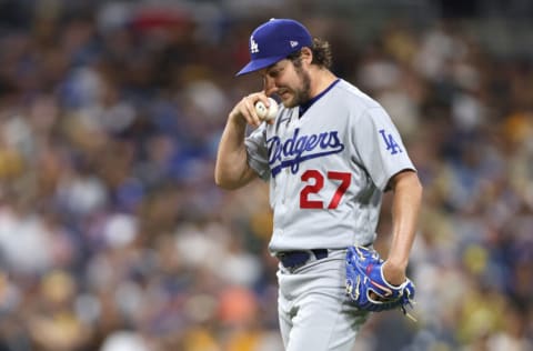 SAN DIEGO, CALIFORNIA - JUNE 23: Trevor Bauer #27 of the Los Angeles Dodgers looks on during the third inning of a game against the San Diego Padres at PETCO Park on June 23, 2021 in San Diego, California. (Photo by Sean M. Haffey/Getty Images)