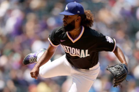 DENVER, COLORADO - JULY 11: Andre Jackson #38 of the National League team throws against the American League team during the All-Star Futures Game at Coors Field on July 11, 2021 in Denver, Colorado. (Photo by Matthew Stockman/Getty Images)