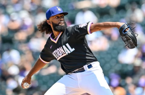 DENVER, CO - JULY 11: Andre Jackson #38 of National League Futures Team pitches against the American League Futures Team during a game at Coors Field on July 11, 2021 in Denver, Colorado.(Photo by Dustin Bradford/Getty Images)