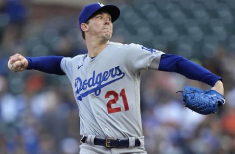 SAN FRANCISCO, CALIFORNIA - JULY 28: Walker Buehler #21 of the Los Angeles Dodgers pitches against the San Francisco Giants in the bottom of the first inning at Oracle Park on July 28, 2021 in San Francisco, California. (Photo by Thearon W. Henderson/Getty Images)