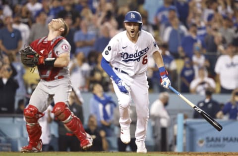 LOS ANGELES, CALIFORNIA - AUGUST 06: Trea Turner #6 of the Los Angeles Dodgers reacts as he flys out against the Los Angeles Angels during the ninth inning at Dodger Stadium on August 06, 2021 in Los Angeles, California. (Photo by Michael Owens/Getty Images)