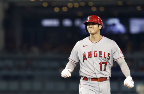 LOS ANGELES, CALIFORNIA - AUGUST 06: Shohei Ohtani #17 of the Los Angeles Angels reacts while on base against the Los Angeles Dodgers during the 10th inning at Dodger Stadium on August 06, 2021 in Los Angeles, California. (Photo by Michael Owens/Getty Images)