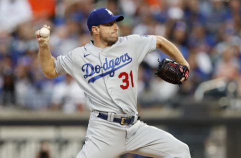 NEW YORK, NEW YORK - AUGUST 15: Max Scherzer #31 of the Los Angeles Dodgers pitches during the first inning against the New York Mets at Citi Field on August 15, 2021 in New York City. The Dodgers defeated the Mets 14-4. (Photo by Jim McIsaac/Getty Images)