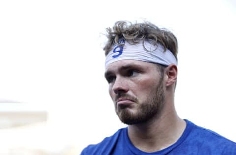 LOS ANGELES, CALIFORNIA - AUGUST 17: Gavin Lux #9 of the Los Angeles Dodgers reacts during an interview prior to a game against the Pittsburgh Pirates at Dodger Stadium on August 17, 2021 in Los Angeles, California. (Photo by Michael Owens/Getty Images)