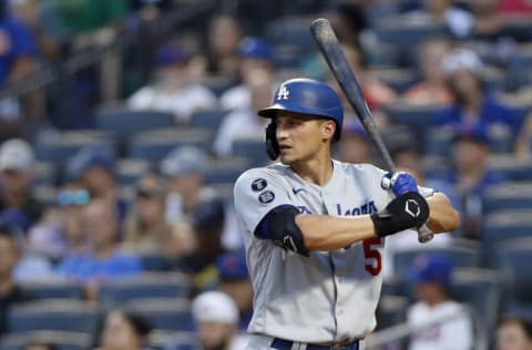 NEW YORK, NEW YORK - AUGUST 13: Corey Seager #5 of the Los Angeles Dodgers in action against the New York Mets at Citi Field on August 13, 2021 in New York City. The Dodgers defeated the Mets 6-5 in ten innings. (Photo by Jim McIsaac/Getty Images)