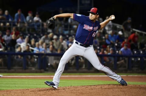 PORT CHARLOTTE, FLORIDA - FEBRUARY 28: Andrew Vasquez #62 of the Minnesota Twins throws a pitch during the fourth inning against the Tampa Bay Rays at Charlotte Sports Park on February 28, 2019 in Port Charlotte, Florida. (Photo by Julio Aguilar/Getty Images)