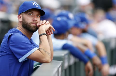 KANSAS CITY, MISSOURI - JUNE 19: Pitcher Danny Duffy #30 of the Kansas City Royals watches from the dugout during the game against the Boston Red Sox at Kauffman Stadium on June 19, 2021 in Kansas City, Missouri. (Photo by Jamie Squire/Getty Images)