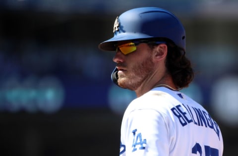 LOS ANGELES, CALIFORNIA - AUGUST 29: Cody Bellinger #35 of the Los Angeles Dodgers looks on during the fifth inning against the Colorado Rockies at Dodger Stadium on August 29, 2021 in Los Angeles, California. (Photo by Katelyn Mulcahy/Getty Images)