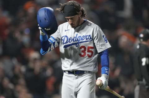 SAN FRANCISCO, CALIFORNIA - SEPTEMBER 03: Cody Bellinger #35 of the Los Angeles Dodgers reacts walking back to the dugout after striking out to end the top of the seventh inning against the San Francisco Giants at Oracle Park on September 03, 2021 in San Francisco, California. (Photo by Thearon W. Henderson/Getty Images)