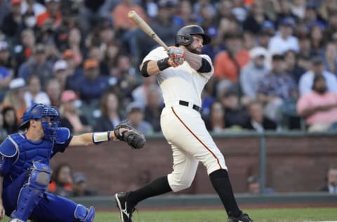 SAN FRANCISCO, CALIFORNIA - SEPTEMBER 05: Brandon Belt #9 of the San Francisco Giants bats against the Los Angeles Dodgers in the bottom of the six inning at Oracle Park on September 05, 2021 in San Francisco, California. (Photo by Thearon W. Henderson/Getty Images)