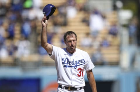 LOS ANGELES, CALIFORNIA - SEPTEMBER 12: Max Scherzer #31 of the Los Angeles Dodgers tips his hat after throwing his 3000th career strikeout in the fifth inning against the San Diego Padres at Dodger Stadium on September 12, 2021 in Los Angeles, California. (Photo by Meg Oliphant/Getty Images)