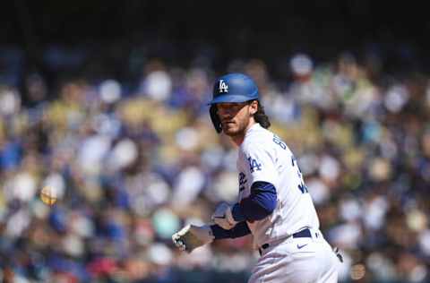 LOS ANGELES, CALIFORNIA - SEPTEMBER 12: Cody Bellinger #35 of the Los Angeles Dodgers gets a walk in the fourth inning against the San Diego Padres at Dodger Stadium on September 12, 2021 in Los Angeles, California. (Photo by Meg Oliphant/Getty Images)