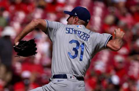 CINCINNATI, OHIO - SEPTEMBER 18: Max Scherzer #31 of the Los Angeles Dodgers pitches in the fourth inning against the Cincinnati Reds at Great American Ball Park on September 18, 2021 in Cincinnati, Ohio. (Photo by Dylan Buell/Getty Images)