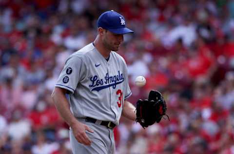 CINCINNATI, OHIO - SEPTEMBER 18: Max Scherzer #31 of the Los Angeles Dodgers pitches in the third inning against the Cincinnati Reds at Great American Ball Park on September 18, 2021 in Cincinnati, Ohio. (Photo by Dylan Buell/Getty Images)