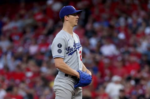 CINCINNATI, OHIO - SEPTEMBER 17: Walker Buehler #21 of the Los Angeles Dodgers pitches in the first inning against the Cincinnati Reds at Great American Ball Park on September 17, 2021 in Cincinnati, Ohio. (Photo by Dylan Buell/Getty Images)