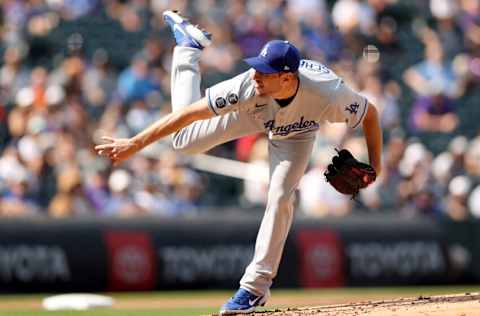 DENVER, COLORADO - SEPTEMBER 23: Starting pitcher Max Scherzer #31 of the Los Angeles Dodgers throws against the Colorado Rockies in the first inning at Coors Field on September 23, 2021 in Denver, Colorado. (Photo by Matthew Stockman/Getty Images)