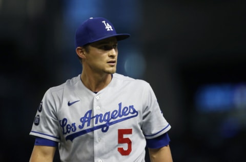 PHOENIX, ARIZONA - SEPTEMBER 24: Corey Seager #5 of the Los Angeles Dodgers looks on prior to the MLB game against the Arizona Diamondbacks at Chase Field on September 24, 2021 in Phoenix, Arizona. (Photo by Ralph Freso/Getty Images)