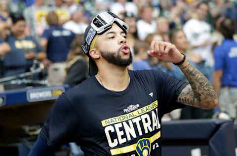 MILWAUKEE, WISCONSIN - SEPTEMBER 26: Devin Williams #38 of the Milwaukee Brewers celebrates winning the Central Division title after the game against the New York Mets at American Family Field on September 26, 2021 in Milwaukee, Wisconsin. Brewers defeated the Mets 8-4. (Photo by John Fisher/Getty Images)