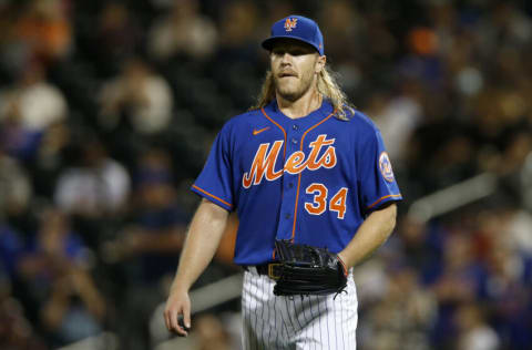 NEW YORK, NEW YORK - SEPTEMBER 28: Noah Syndergaard #34 of the New York Mets pitches during the first inning in game 2 of a double header against the Miami Marlins at Citi Field on September 28, 2021 in New York City. The Mets defeated the Marlins 2-1 in nine innings. (Photo by Jim McIsaac/Getty Images)