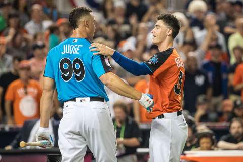 Aaron Judge #99 of the New York Yankees and Cody Bellinger #35 of the Los Angeles Dodgers (Photo by Brace Hemmelgarn/Minnesota Twins/Getty Images)