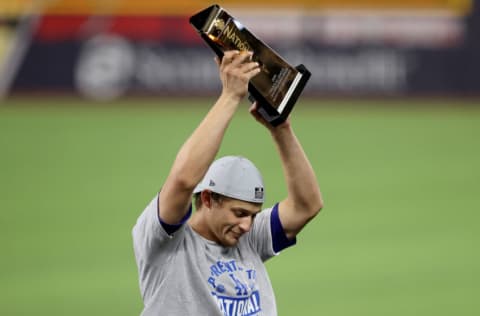 ARLINGTON, TEXAS - OCTOBER 18: Corey Seager #5 of the Los Angeles Dodgers is awarded the Most Valuable Player award following the teams 4-3 victory against the Atlanta Braves in Game Seven of the National League Championship Series at Globe Life Field on October 18, 2020 in Arlington, Texas. (Photo by Tom Pennington/Getty Images)