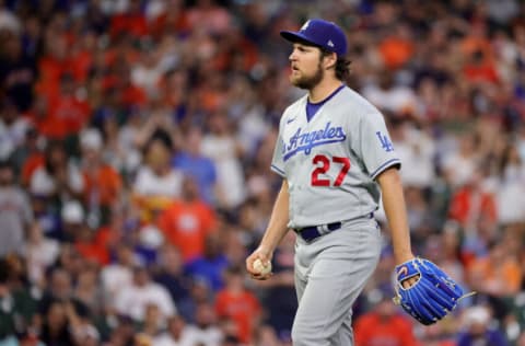 HOUSTON, TEXAS - MAY 26: Trevor Bauer #27 of the Los Angeles Dodgers in action against the Houston Astros at Minute Maid Park on May 26, 2021 in Houston, Texas. (Photo by Carmen Mandato/Getty Images)