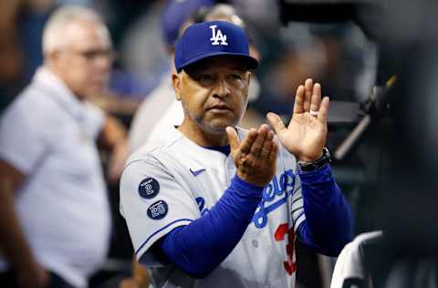 PHOENIX, ARIZONA - SEPTEMBER 24: Manager Dave Roberts #30 of the Los Angeles Dodgers prior to the MLB game against the Arizona Diamondbacks at Chase Field on September 24, 2021 in Phoenix, Arizona. (Photo by Ralph Freso/Getty Images)