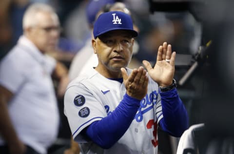 PHOENIX, ARIZONA - SEPTEMBER 24: Manager Dave Roberts #30 of the Los Angeles Dodgers prior to the MLB game against the Arizona Diamondbacks at Chase Field on September 24, 2021 in Phoenix, Arizona. (Photo by Ralph Freso/Getty Images)