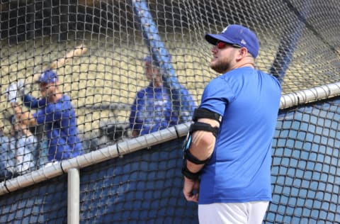 LOS ANGELES, CALIFORNIA - OCTOBER 06: Max Muncy #13 of the Los Angeles Dodgers looks on during batting practice prior to their National League Wild Card Game against the St. Louis Cardinals at Dodger Stadium on October 06, 2021 in Los Angeles, California. (Photo by Harry How/Getty Images)