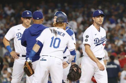 LOS ANGELES, CALIFORNIA - OCTOBER 06: Max Scherzer #31 of the Los Angeles Dodgers is pulled from the game in the fifth inning against the St. Louis Cardinals during the National League Wild Card Game at Dodger Stadium on October 06, 2021 in Los Angeles, California. (Photo by Sean M. Haffey/Getty Images)