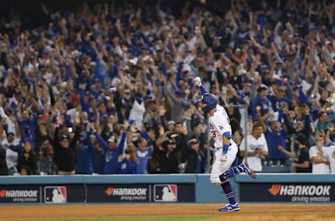 LOS ANGELES, CALIFORNIA - OCTOBER 06: Chris Taylor #3 of the Los Angeles Dodgers celebrates his walk off two-run home run in the ninth inning to defeat the St. Louis Cardinals 3 to 1 during the National League Wild Card Game at Dodger Stadium on October 06, 2021 in Los Angeles, California. (Photo by Sean M. Haffey/Getty Images)