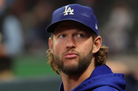 ATLANTA, GEORGIA - OCTOBER 16: Clayton Kershaw #22 of the Los Angeles Dodgers looks on prior to Game One of the National League Championship Series against the Atlanta Braves at Truist Park on October 16, 2021 in Atlanta, Georgia. (Photo by Kevin C. Cox/Getty Images)