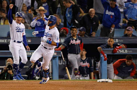 LOS ANGELES, CALIFORNIA - OCTOBER 21: Chris Taylor #3 of the Los Angeles Dodgers runs the bases following a two run home run during the fifth inning of Game Five of the National League Championship Series against the Atlanta Braves at Dodger Stadium on October 21, 2021 in Los Angeles, California. (Photo by Sean M. Haffey/Getty Images)