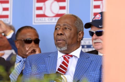 COOPERSTOWN, NY - JULY 29: Hall of Famer Hank Aaron looks on during the Baseball Hall of Fame induction ceremony at the Clark Sports Center on July 29, 2018 in Cooperstown, New York. (Photo by Mark Cunningham/MLB Photos via Getty Images)