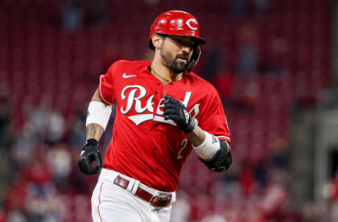 CINCINNATI, OHIO - SEPTEMBER 25: Nick Castellanos #2 of the Cincinnati Reds rounds the bases after hitting a walk-off home run in the ninth inning to beat the Washington Nationals 7-6 at Great American Ball Park on September 25, 2021 in Cincinnati, Ohio. (Photo by Dylan Buell/Getty Images)