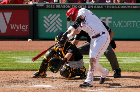 CINCINNATI, OHIO - SEPTEMBER 27: Nick Castellanos #2 of the Cincinnati Reds hits a home run in the sixth inning against the Pittsburgh Pirates at Great American Ball Park on September 27, 2021 in Cincinnati, Ohio. (Photo by Dylan Buell/Getty Images)