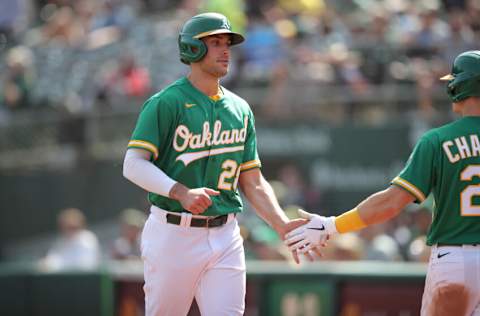 OAKLAND, CA - SEPTMEBER 23: Matt Olson #28 of the Oakland Athletics during the game against the Seattle Mariners at RingCentral Coliseum on September 23, 2021 in Oakland, California. The Mariners defeated the Athletics 6-5. (Photo by Michael Zagaris/Oakland Athletics/Getty Images)