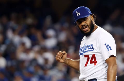 LOS ANGELES, CALIFORNIA - OCTOBER 19: Kenley Jansen #74 of the Los Angeles Dodgers reacts after a strikeout to end the game during the 9th inning of Game 3 of the National League Championship Series against the Atlanta Braves at Dodger Stadium on October 19, 2021 in Los Angeles, California. The Dodgers defeated the Braves 6-5 to win the game. (Photo by Sean M. Haffey/Getty Images)