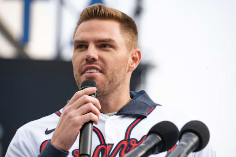 Freddie Freeman and other members of the Atlanta Braves (Photo by Megan Varner/Getty Images)