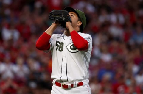 CINCINNATI, OHIO - SEPTEMBER 17: Luis Castillo #58 of the Cincinnati Reds reacts after recording a strikeout in the third inning against the Los Angeles Dodgers at Great American Ball Park on September 17, 2021 in Cincinnati, Ohio. (Photo by Dylan Buell/Getty Images)