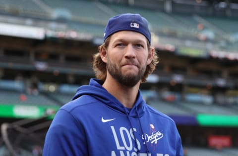 SAN FRANCISCO, CALIFORNIA - OCTOBER 08: Clayton Kershaw #22 of the Los Angeles Dodgers looks on prior to Game 1 of the National League Division Series against the San Francisco Giants at Oracle Park on October 08, 2021 in San Francisco, California. (Photo by Ezra Shaw/Getty Images)