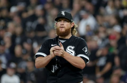 CHICAGO, ILLINOIS - OCTOBER 10: Craig Kimbrel #46 of the Chicago White Sox prepares to pitch in the eighth inning during game 3 of the American League Division Series against the Houston Astros at Guaranteed Rate Field on October 10, 2021 in Chicago, Illinois. (Photo by Stacy Revere/Getty Images)