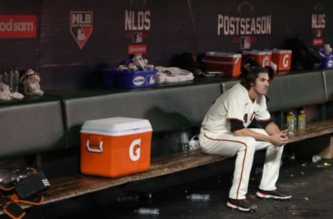 SAN FRANCISCO, CALIFORNIA - OCTOBER 14: Kevin Gausman #34 of the San Francisco Giants reacts after losing to the Los Angeles Dodgers 2-1 in game 5 of the National League Division Series at Oracle Park on October 14, 2021 in San Francisco, California. (Photo by Thearon W. Henderson/Getty Images)